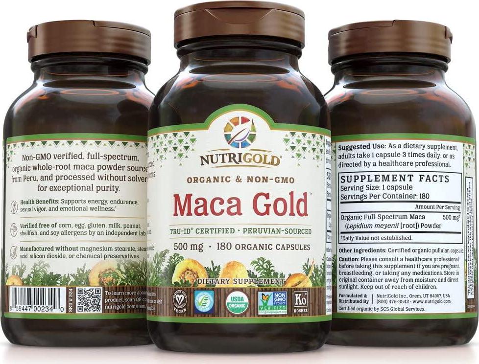 NutriGold #1 Organic Maca Root Powder Capsules - Maca Gold, 500 mg, 180 Plantcaps - GMO-free, Preservative-free, Gold Standard Peruvian Maca Root Pills
