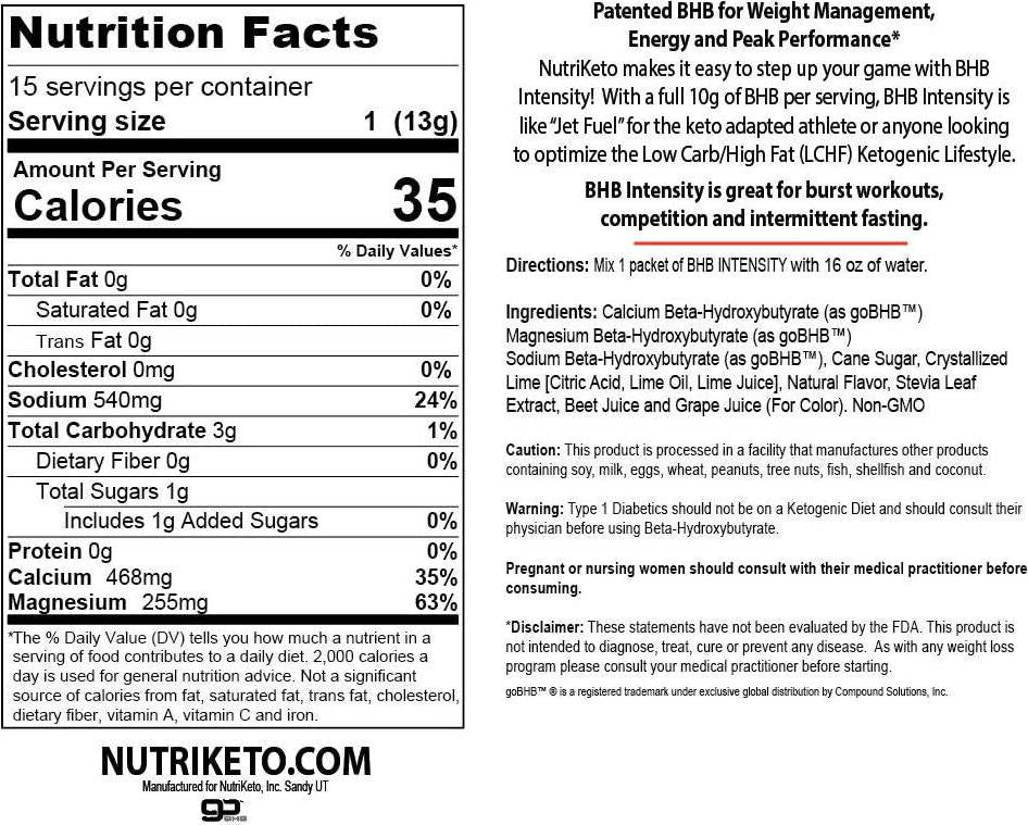 NutriKeto BHB Intensity - Cherry Limeade - 10g BHB per Serving - Ketogenic Diet - Exogenous Ketones - Caffeine Free