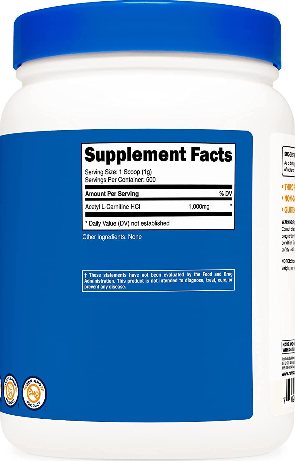 Nutricost Acetyl L-Carnitine (ALCAR) 500 Grams - 1000mg Per Serving - Pure Acetyl L-Carnitine Powder