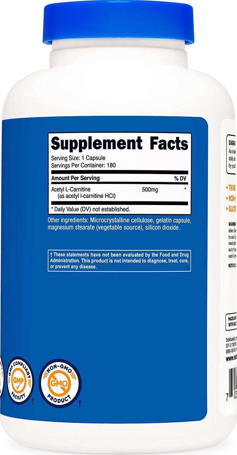 Nutricost Acetyl L-Carnitine 500mg, 180 Capsules - Non-GMO and Gluten Free