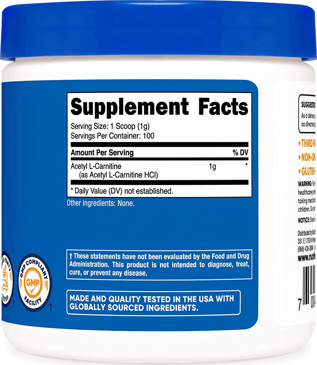Nutricost Acetyl L-Carnitine (ALCAR) 100 Grams - 1000mg Per Serving - Non-GMO, Gluten Free, Acetyl L-Carnitine Powder