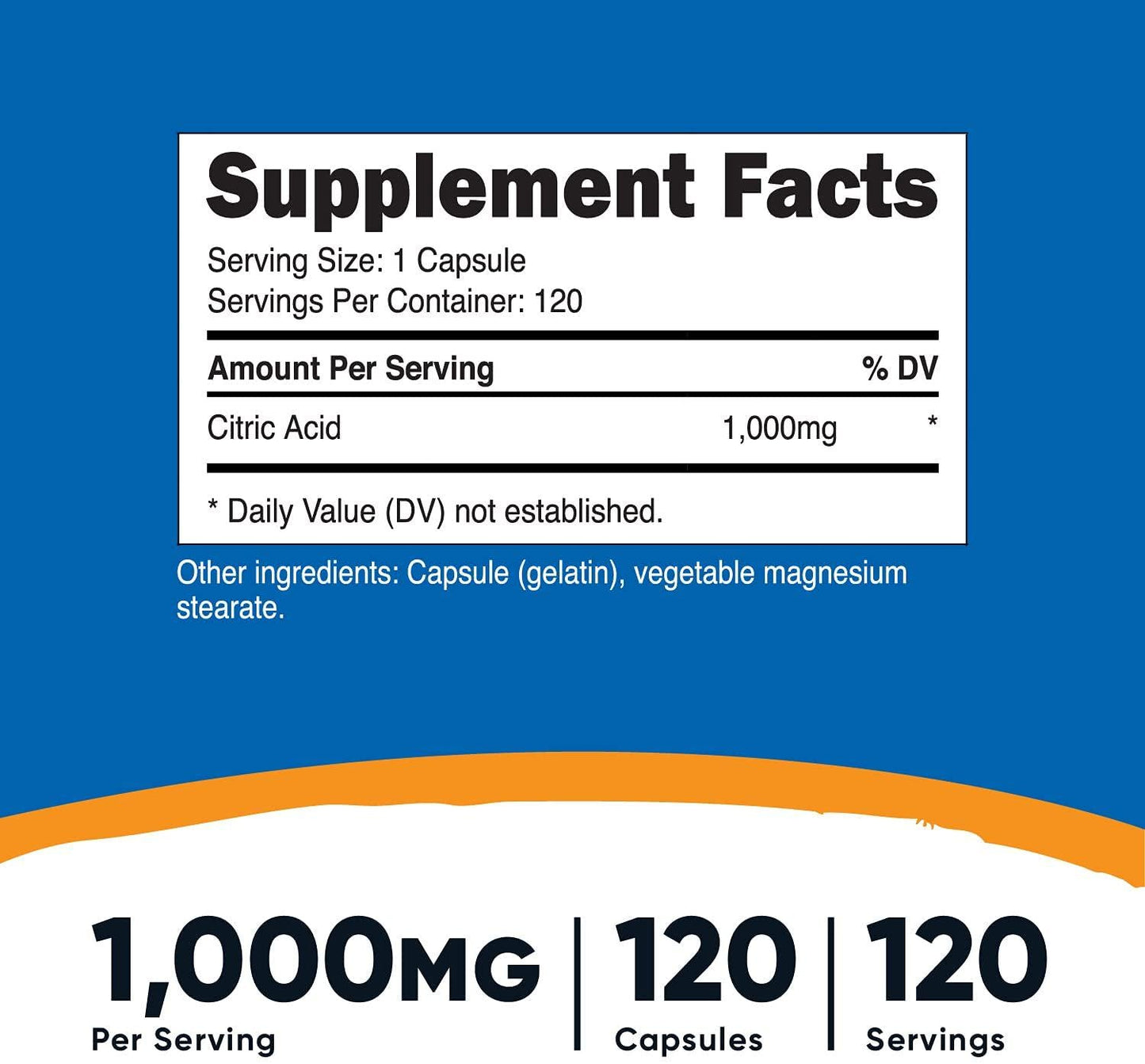 Nutricost Citric Acid 1000mg (1 Gram), 120 Capsules - Gluten Free, Non-GMO