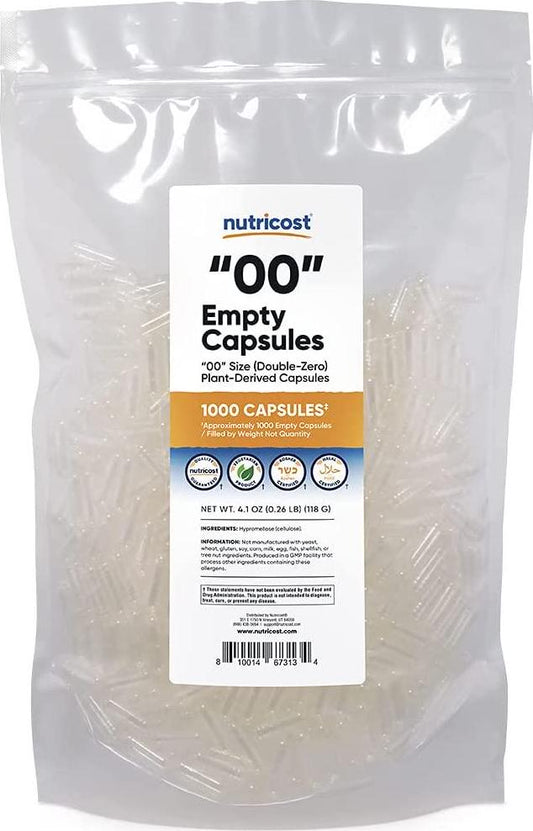 Nutricost Empty Capsules Size 00 Vegan - 1,000 Clear Empty Plant-Based Capsules - Kosher Certified, Halal Certified, Non-GMO, Soy Free, Gluten Free, Vegetarian