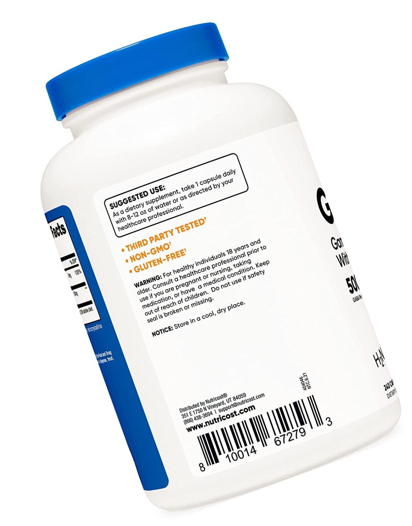 Nutricost GABA (Gamma Aminobutyric Acid) + Vitamin B6, 500mg per Serving, 240 Capsules