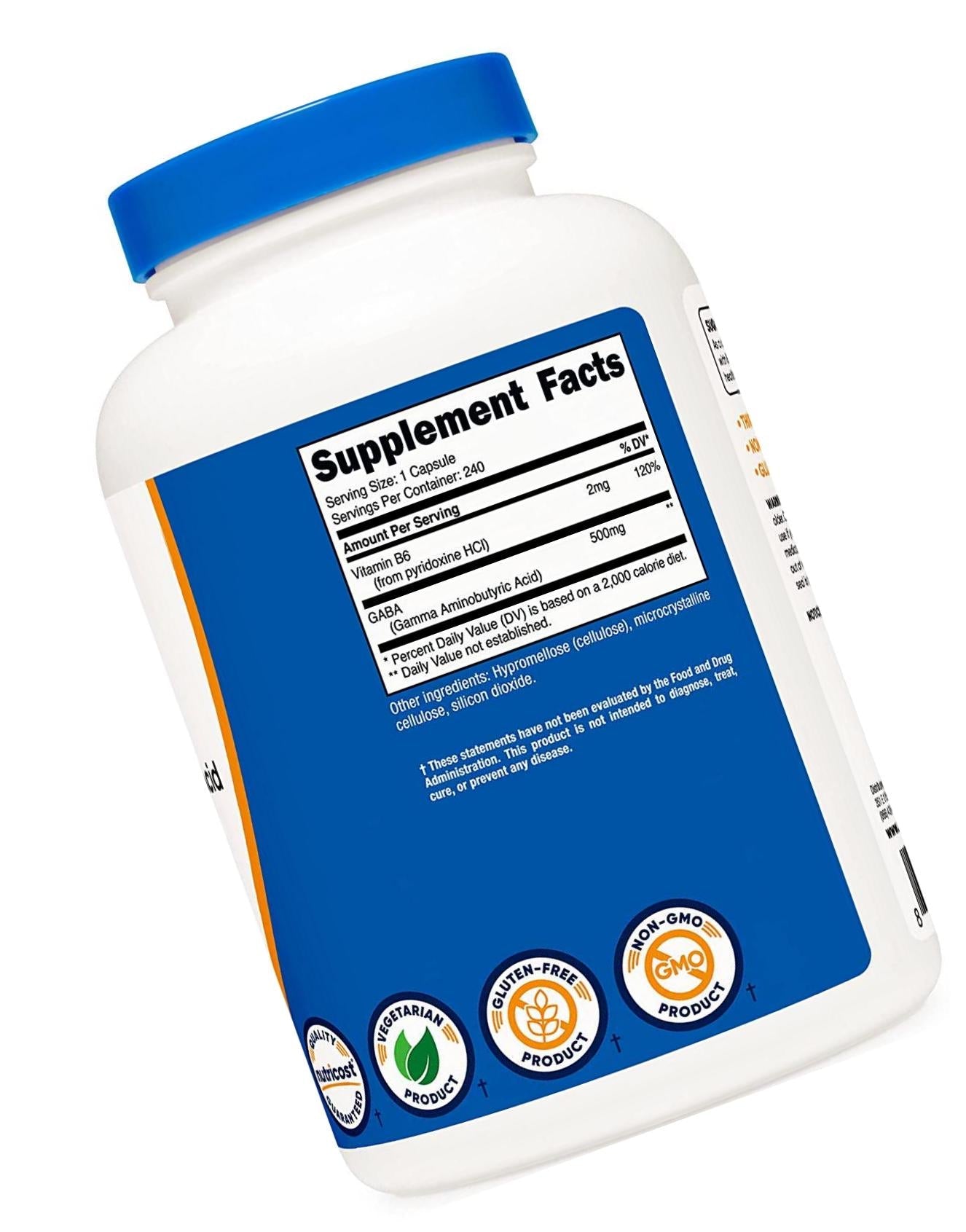 Nutricost GABA (Gamma Aminobutyric Acid) + Vitamin B6, 500mg per Serving, 240 Capsules