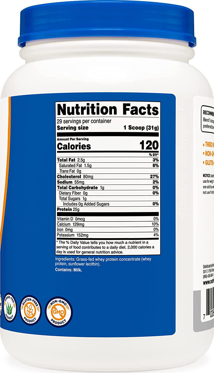 Nutricost Grass-Fed Whey Protein Concentrate (Unflavored) 2LBS - Undenatured, Non-GMO, Gluten Free, Natural Flavors