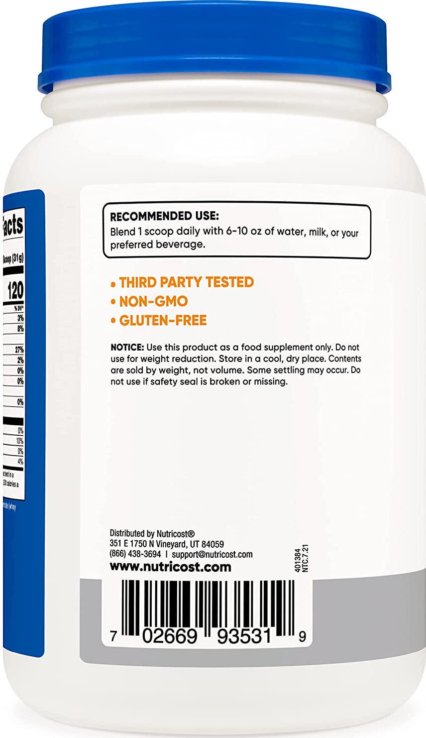 Nutricost Grass-Fed Whey Protein Concentrate (Unflavored) 2LBS - Undenatured, Non-GMO, Gluten Free, Natural Flavors