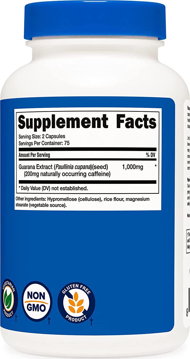 Nutricost Guarana 1000mg, 150 Veggie Capsules - Natural Herbal Brazilian Caffeine Energizer Supplement