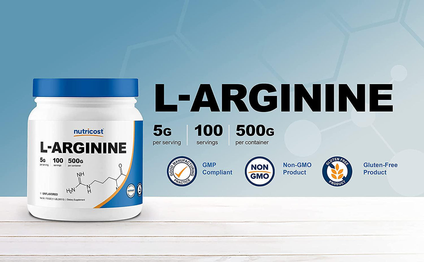 Nutricost L-Arginine Powder 500 Grams (1.1lbs) - Pure L-Arginine Powder - 5000mg Per Serving; 100 Servings