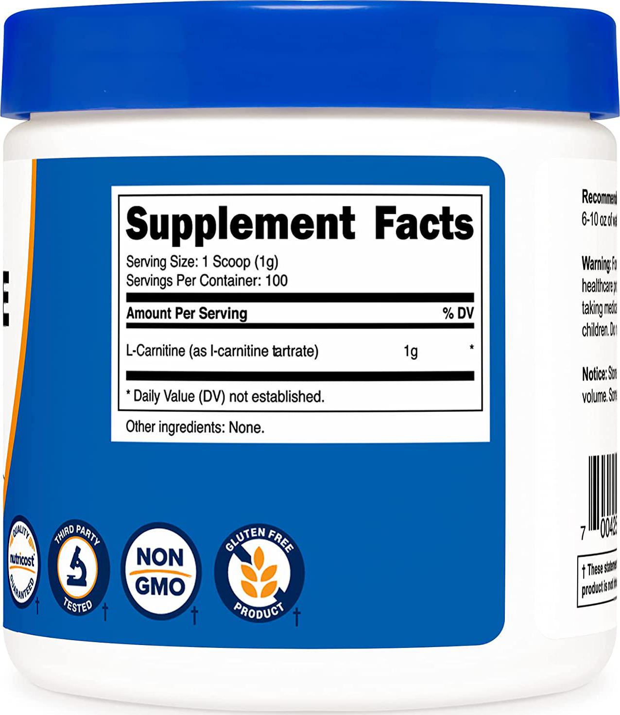 Nutricost L-Carnitine Tartrate Powder (100 Grams) - 1 Gram per Serving; 100 Servings