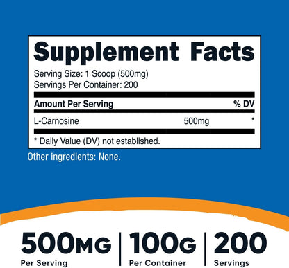 Nutricost L-Carnosine Powder 100 Grams (200 Servings) - Non-GMO