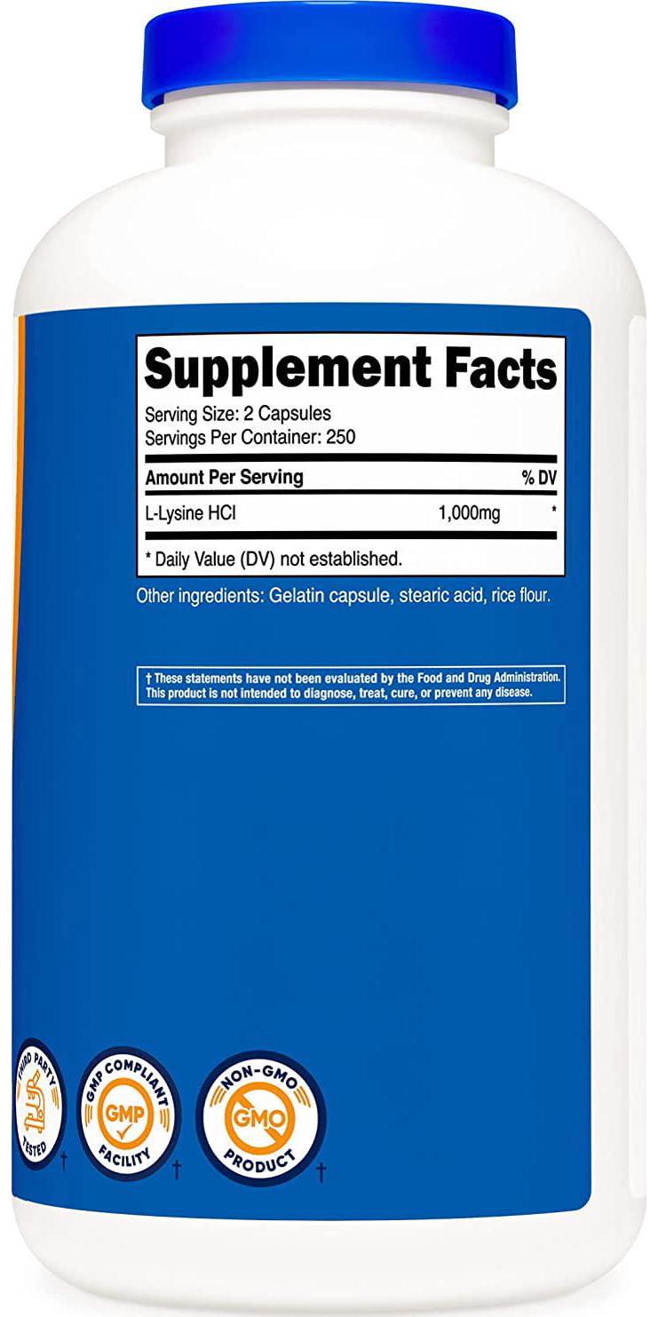Nutricost L-Lysine 1000mg Per Serving, 250 Servings, 500 Capsules - Gluten Free, Non-GMO, 500mg Per Capsule