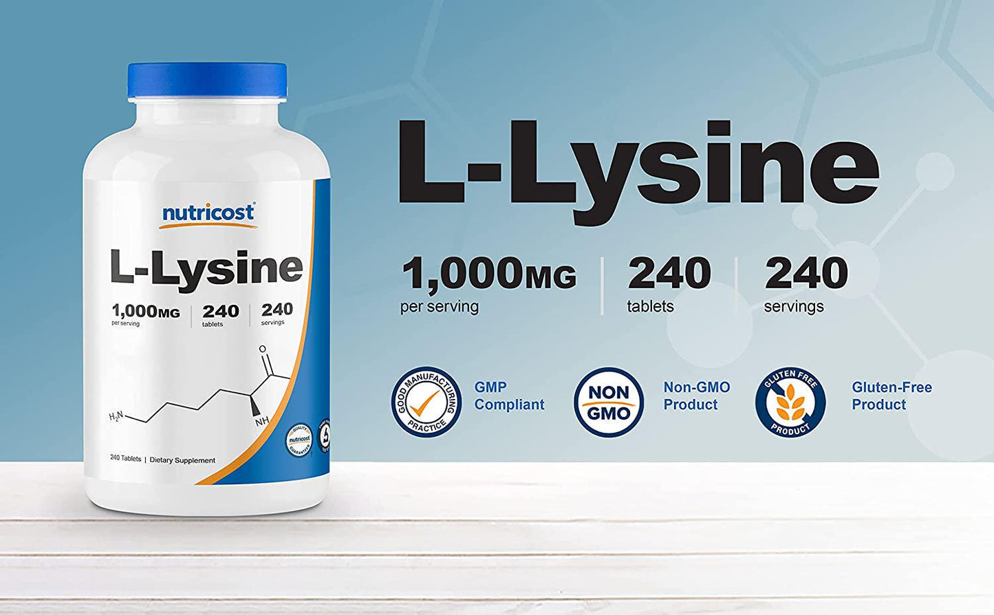 Nutricost L-Lysine 1000mg, 240 Tablets - Gluten Free, Non-GMO, and Vegetarian Friendly