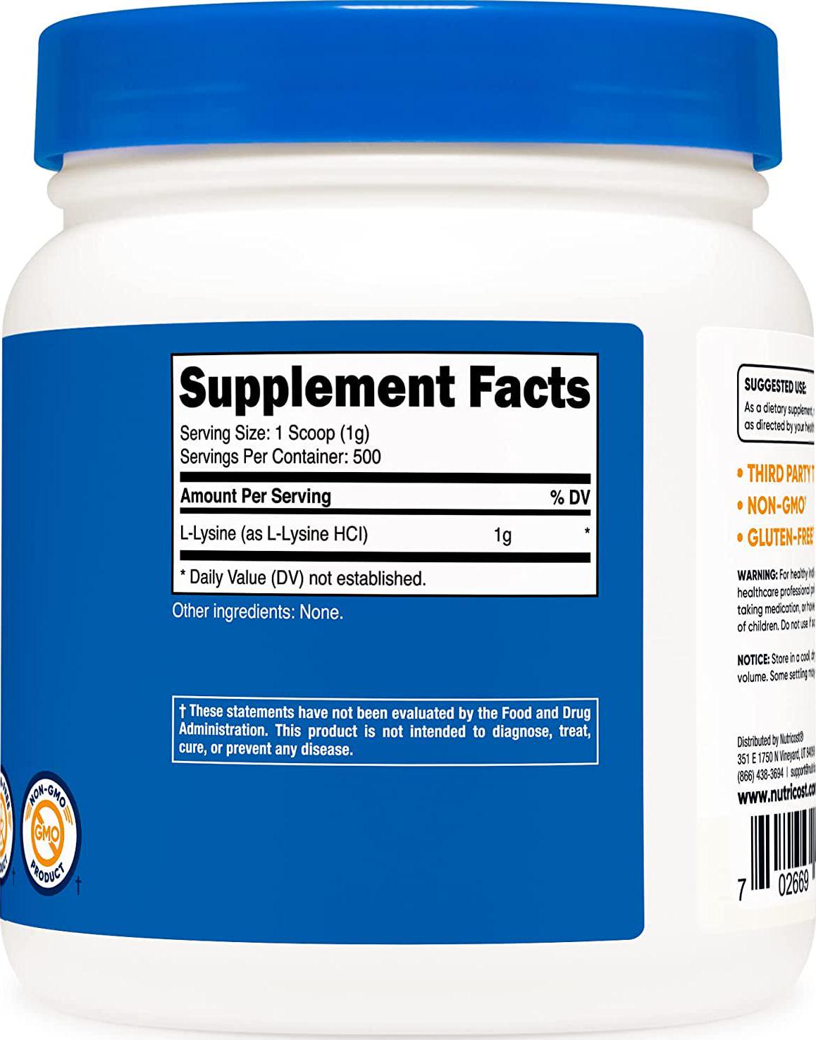 Nutricost L-Lysine Powder - Pure L-Lysine, Non-Gmo, Gluten Free