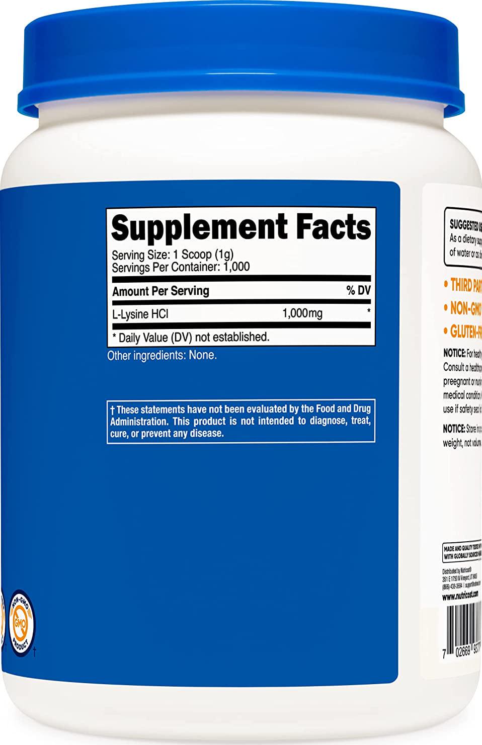 Nutricost L-Lysine Powder 1KG (2.2lbs) - Pure L-Lysine, Non-GMO, Gluten Free