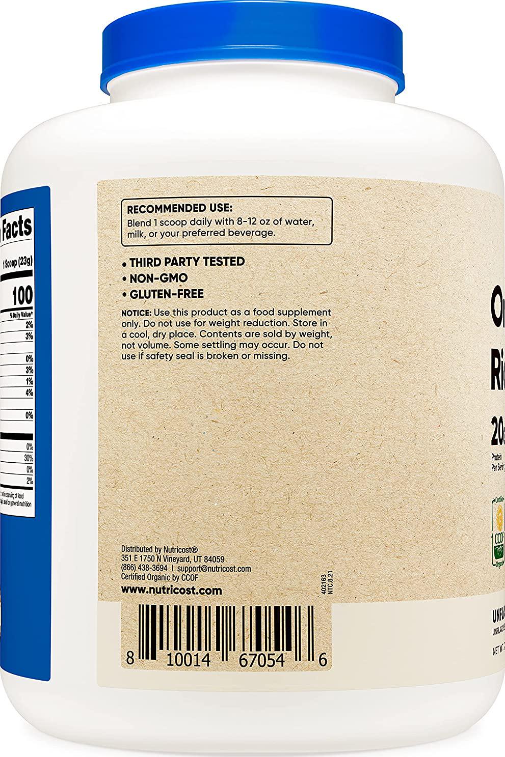 Nutricost Organic Rice Protein Powder 5lbs (Unflavored) - Certified USDA Organic, 20G of Rice Protein Per Serv, Non-GMO