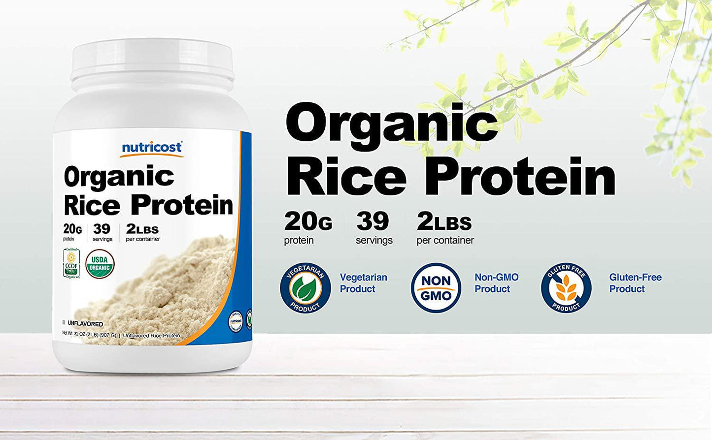 Nutricost Organic Rice Protein Powder 2LBS (Unflavored) - Certified USDA Organic, 20G of Premium Protein Per Serv, Non-GMO