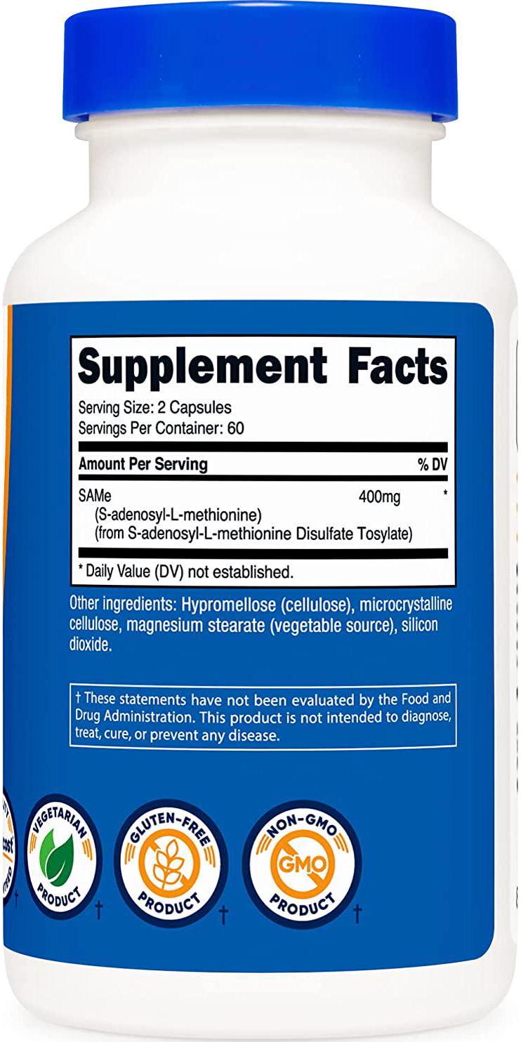 Nutricost SAM-e (S-Adenosyl-L-Methionine) 400mg, 120 Capsules - Non-GMO, Gluten Free Same, Vegetarian
