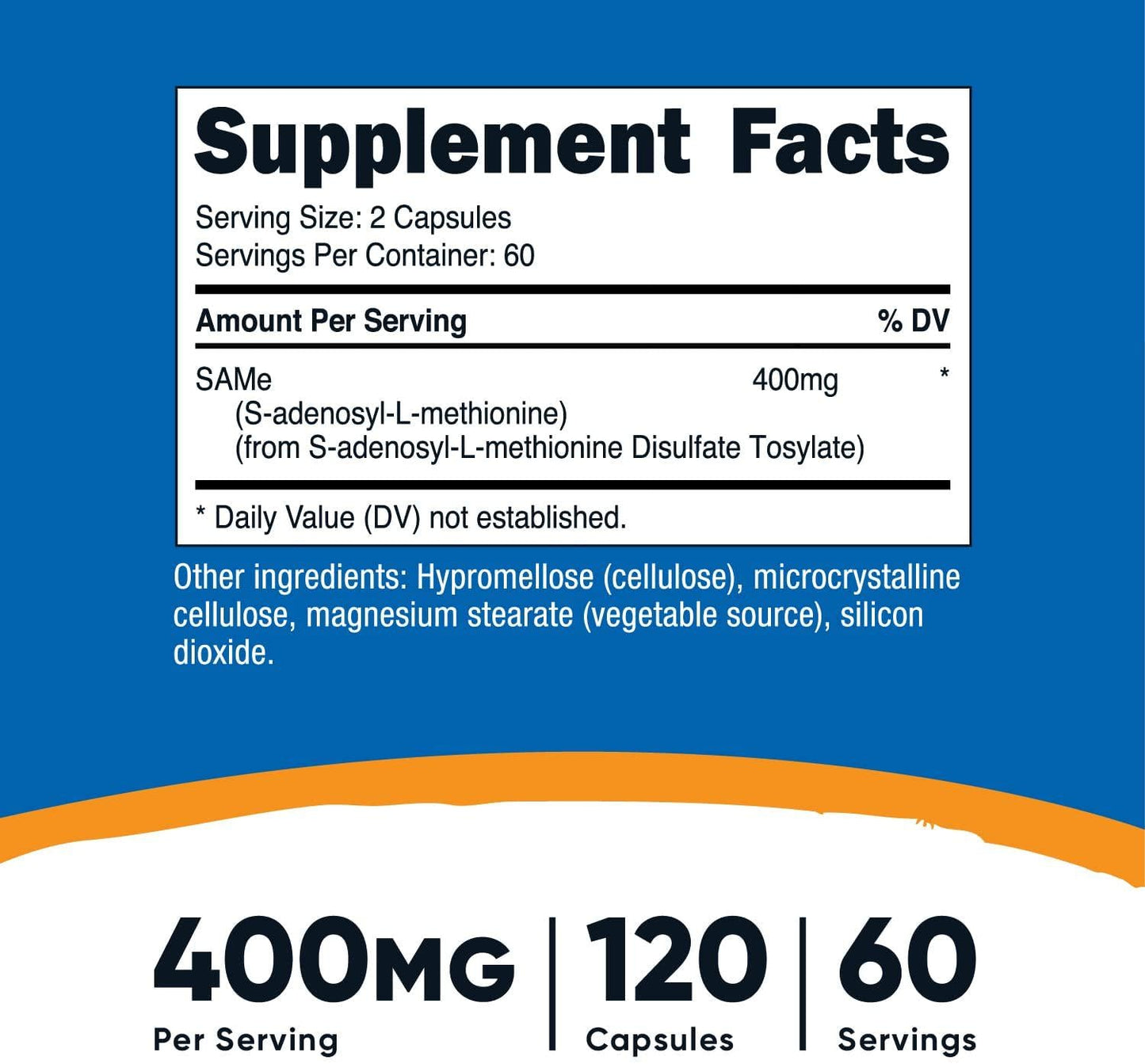 Nutricost SAM-e (S-Adenosyl-L-Methionine) 400mg, 120 Capsules - Non-GMO, Gluten Free Same, Vegetarian
