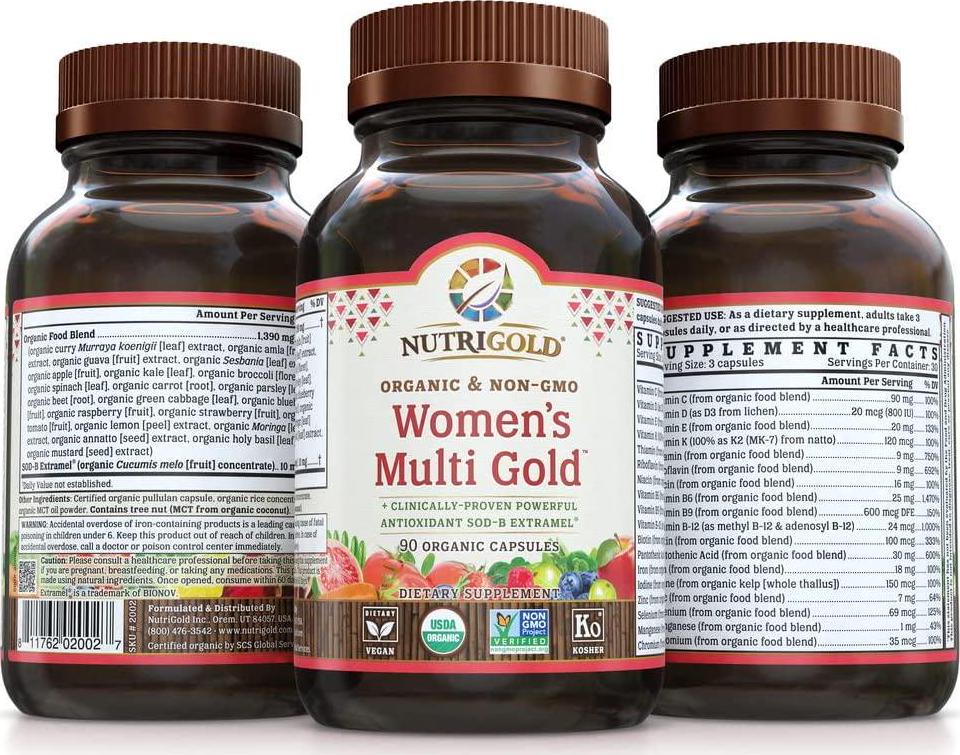 Nutrigold Organic Multivitamin for Women, Women's Multi Gold, 90 Capsules, Plant-Based Whole Food Multivitamin With Iron, Non-gmo, vegan, Kosher