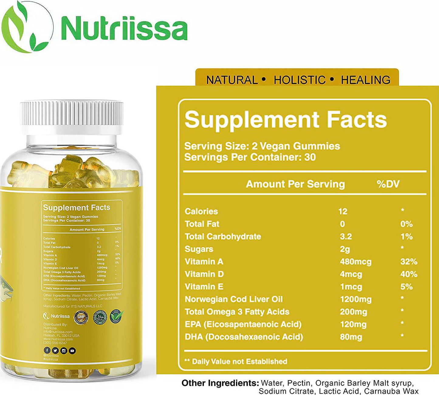 Nutriissa Organic Cod Liver Oil Gummy World's First Wild-Caught Norwegian Arctic Cod Liver Oil Gummies Fish Oil Gummies Rich in Omega-3, EPA, DHA, Vitamins Lemon Flavor - 1200mg (60ct)