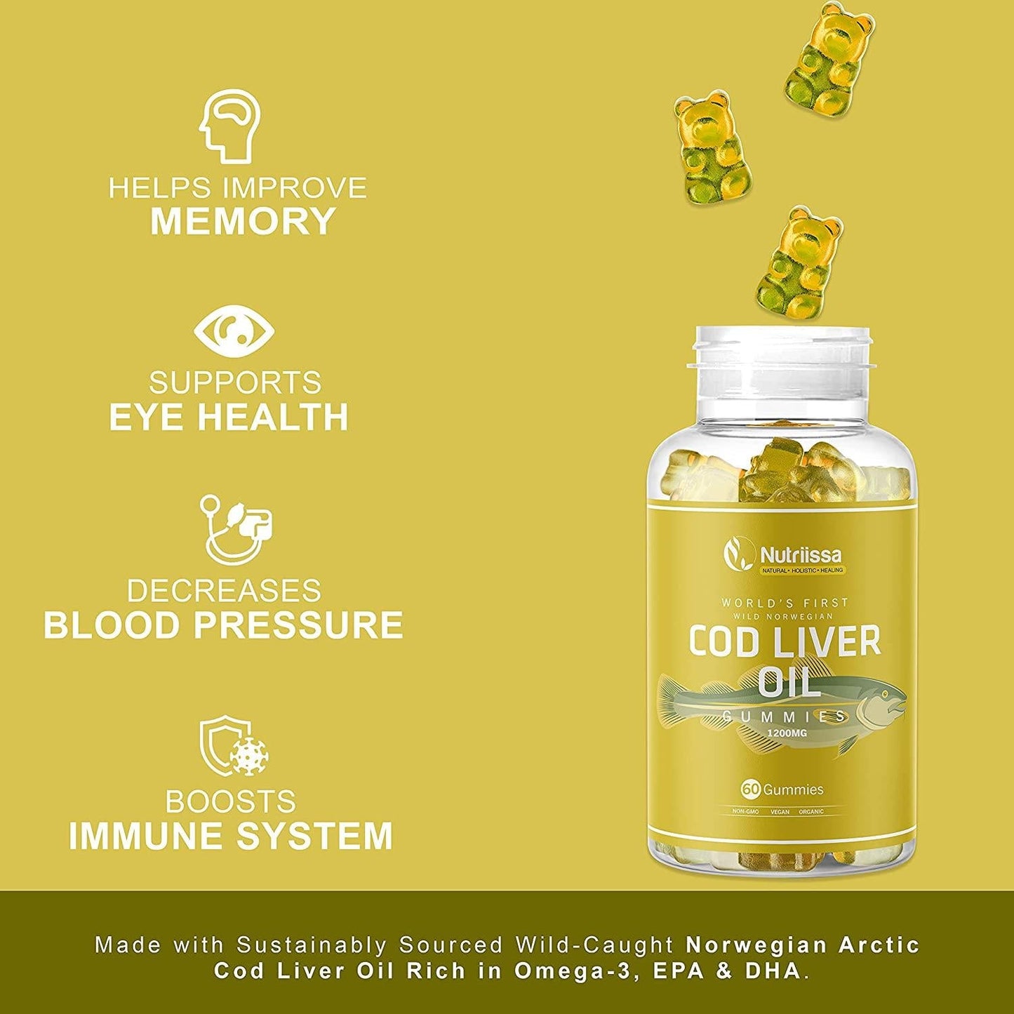 Nutriissa Organic Cod Liver Oil Gummy World's First Wild-Caught Norwegian Arctic Cod Liver Oil Gummies Fish Oil Gummies Rich in Omega-3, EPA, DHA, Vitamins Lemon Flavor - 1200mg (60ct)