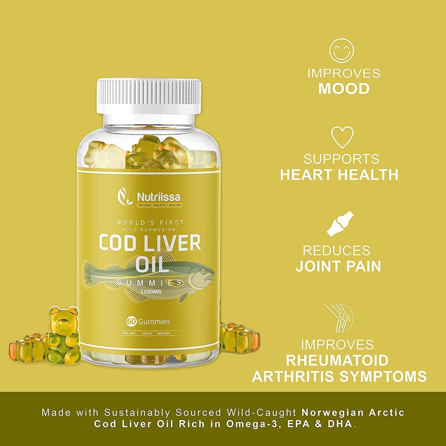 Nutriissa Organic Cod Liver Oil Gummy World's First Wild-Caught Norwegian Arctic Cod Liver Oil Gummies Fish Oil Gummies Rich in Omega-3, EPA, DHA, Vitamins Lemon Flavor - 1200mg (60ct)