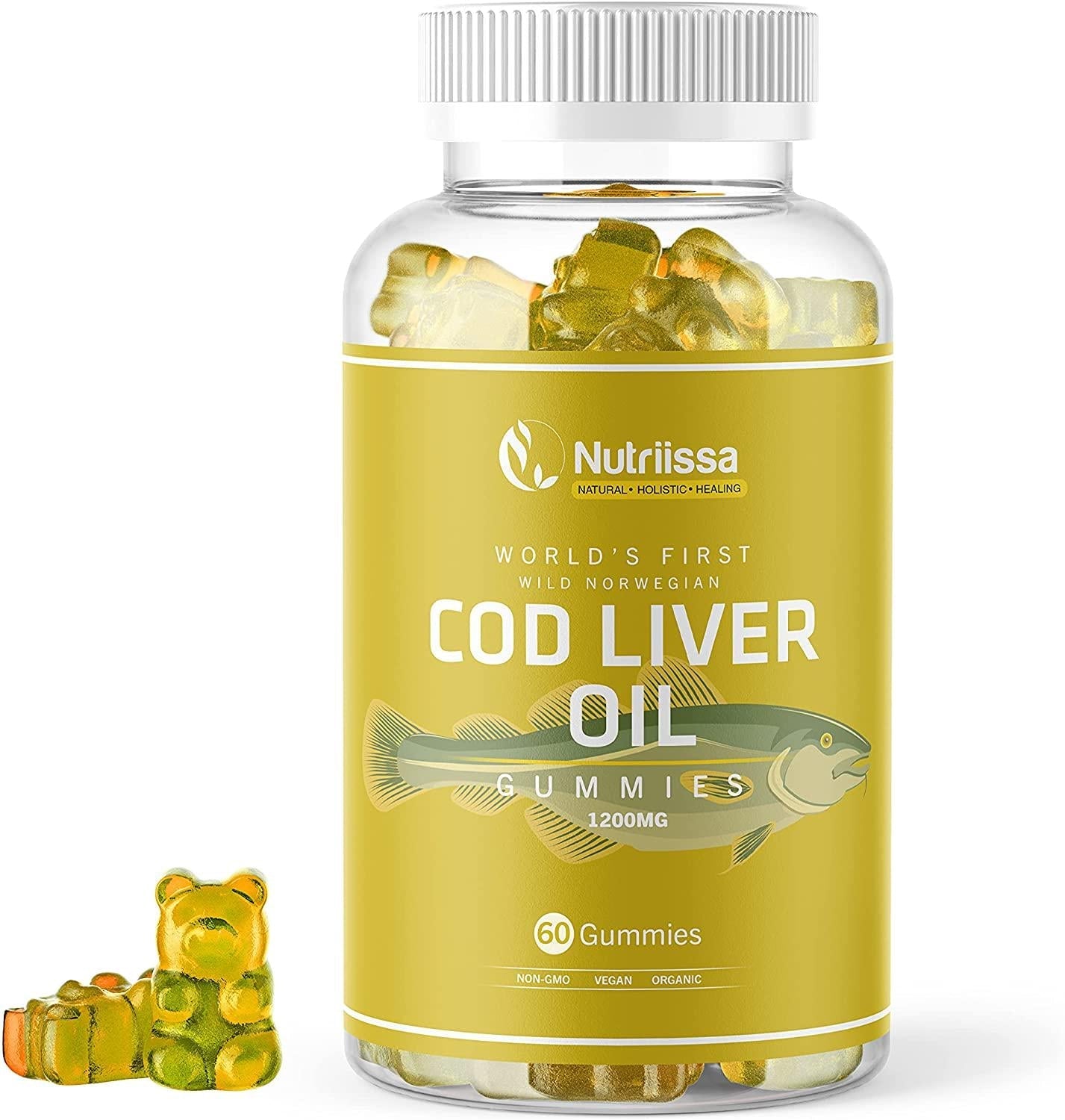 Nutriissa Organic Cod Liver Oil Gummy World's First Wild-Caught Norwegian Arctic Cod Liver Oil Gummies Fish Oil Gummies Rich in Omega-3, EPA, DHA, Vitamins Lemon Flavor - 1200mg (60ct)