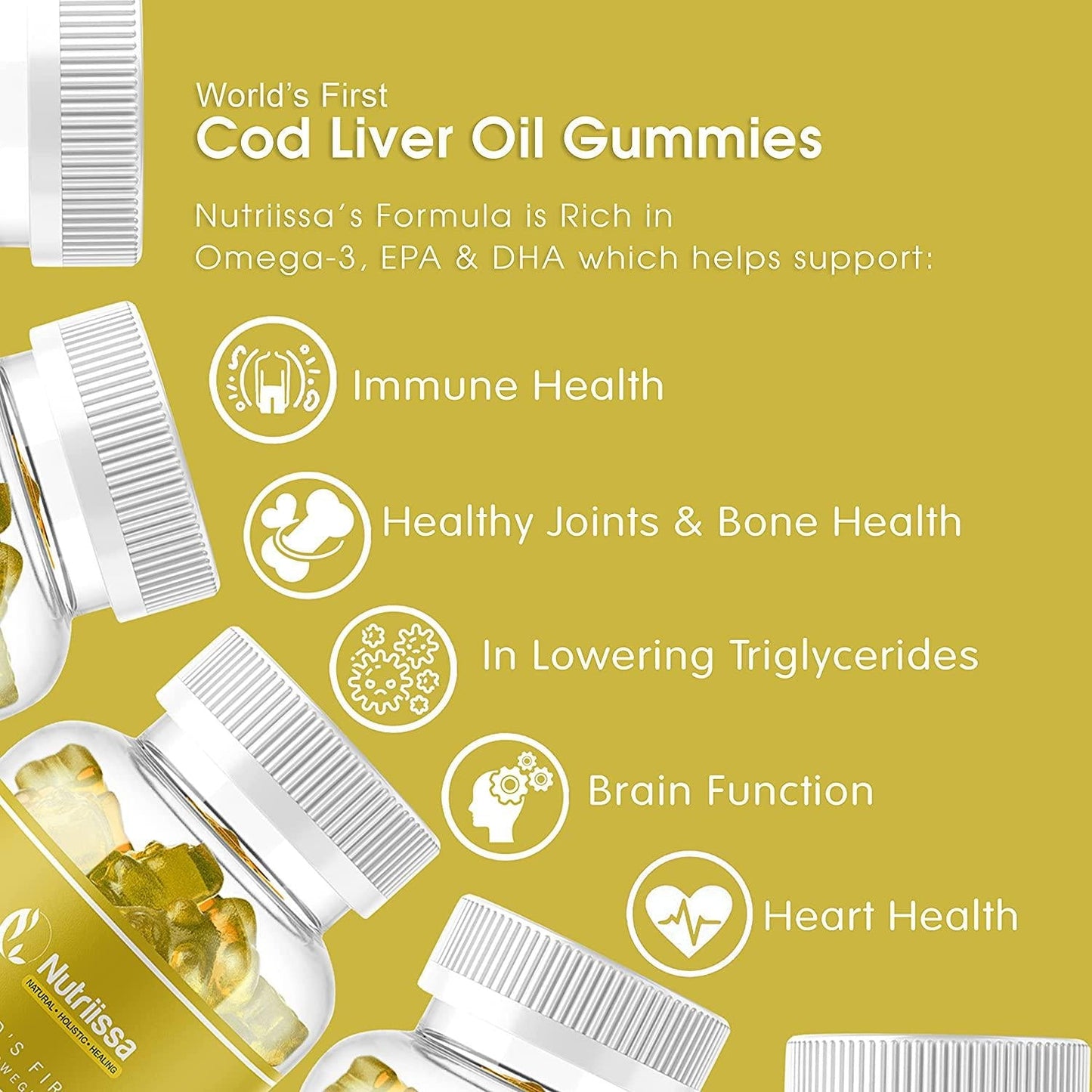 Nutriissa Organic Cod Liver Oil Gummy World's First Wild-Caught Norwegian Arctic Cod Liver Oil Gummies Fish Oil Gummies Rich in Omega-3, EPA, DHA, Vitamins Lemon Flavor - 1200mg (60ct)
