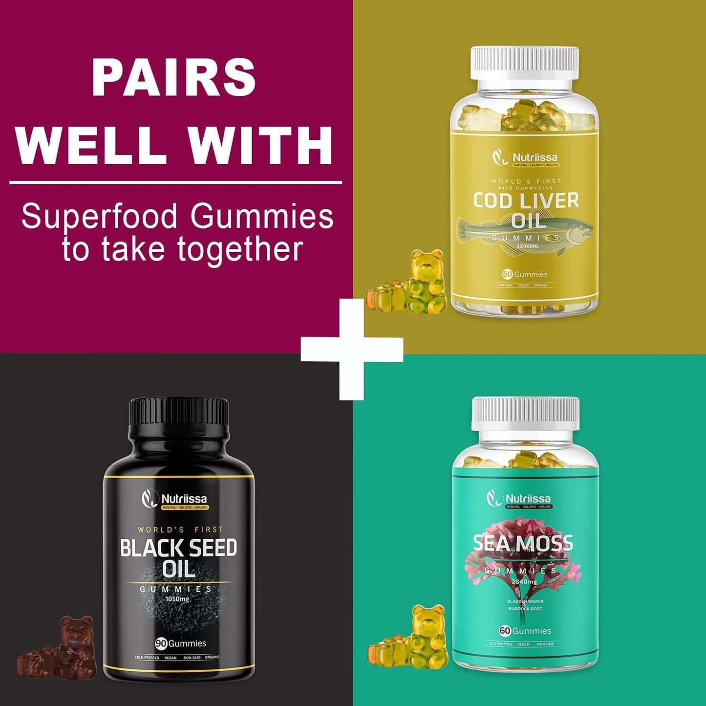 Nutriissa Organic Cod Liver Oil Gummy World's First Wild-Caught Norwegian Arctic Cod Liver Oil Gummies Fish Oil Gummies Rich in Omega-3, EPA, DHA, Vitamins Lemon Flavor - 1200mg (60ct)