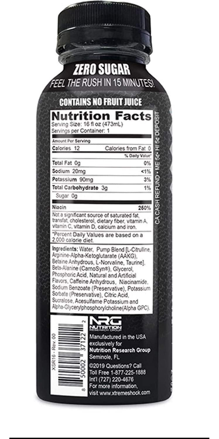 Nutrition Research Group (NRG) Xtreme Shock Elite Xtreme Energy Drink - Alpha GPC for Razor Sharp Focus - Nitric Oxide Formula with Zero Sugar, 350mg Caffeine - 16floz/12pk (Watermelon)