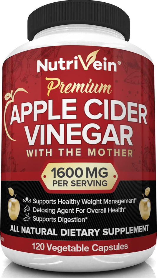 Nutrivein Apple Cider Vinegar Capsules with Mother - 1600mg - 120 Vegan Pills - Supports Healthy Weight Loss, Diet, Detox, Digestion, Keto, Cleanser - Best Supplement for Immune System - ACV Raw