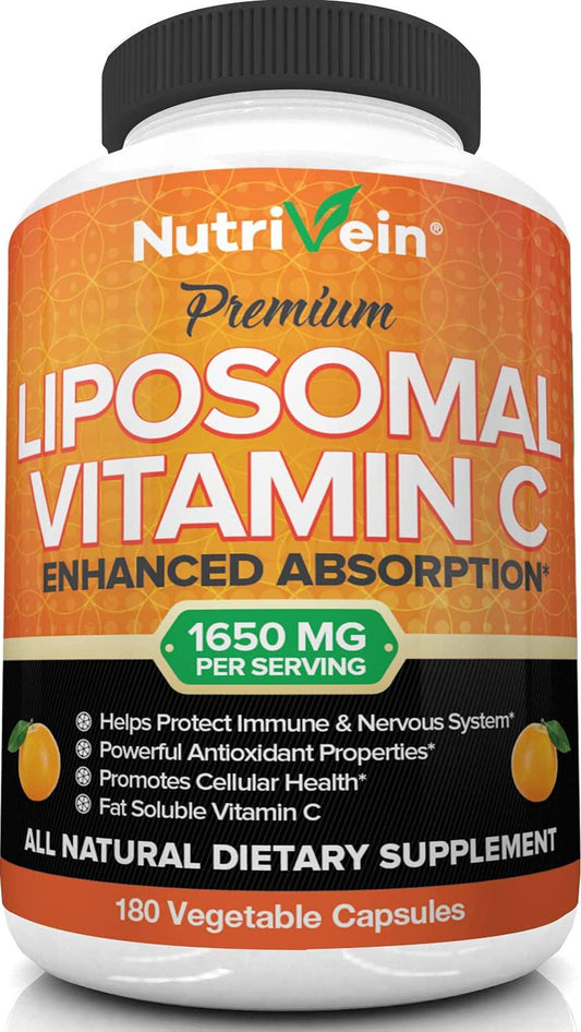 Nutrivein Liposomal Vitamin C 1400mg - 180 Capsules - High Absorption Ascorbic Acid - Supports Immune System and Collagen Booster - Powerful Antioxidant High Dose Fat Soluble Supplement - Lypo Spheric