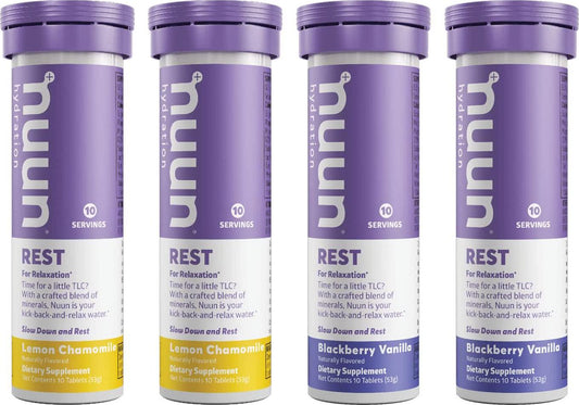 Nuun Rest: Relaxation and Rest Aid Drink Tablets, Lemon Chamomile and Blackberry Vanilla Mixed Pack, Muscle Relaxer, Stress Relief, Sleep and Recovery Supplement, Box of 4 Tubes (40 servings)