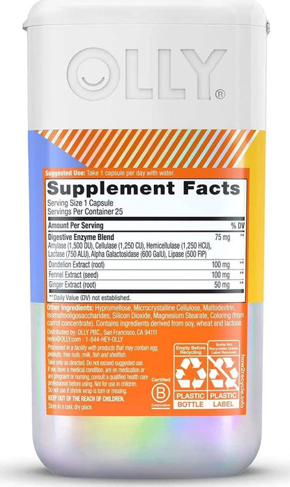 OLLY Beat The Bloat Capsules, Belly Bloat Relief for Gas and Water Retention, Digestive Enzymes, Vegetarian, Supplement for Women - 25 Count