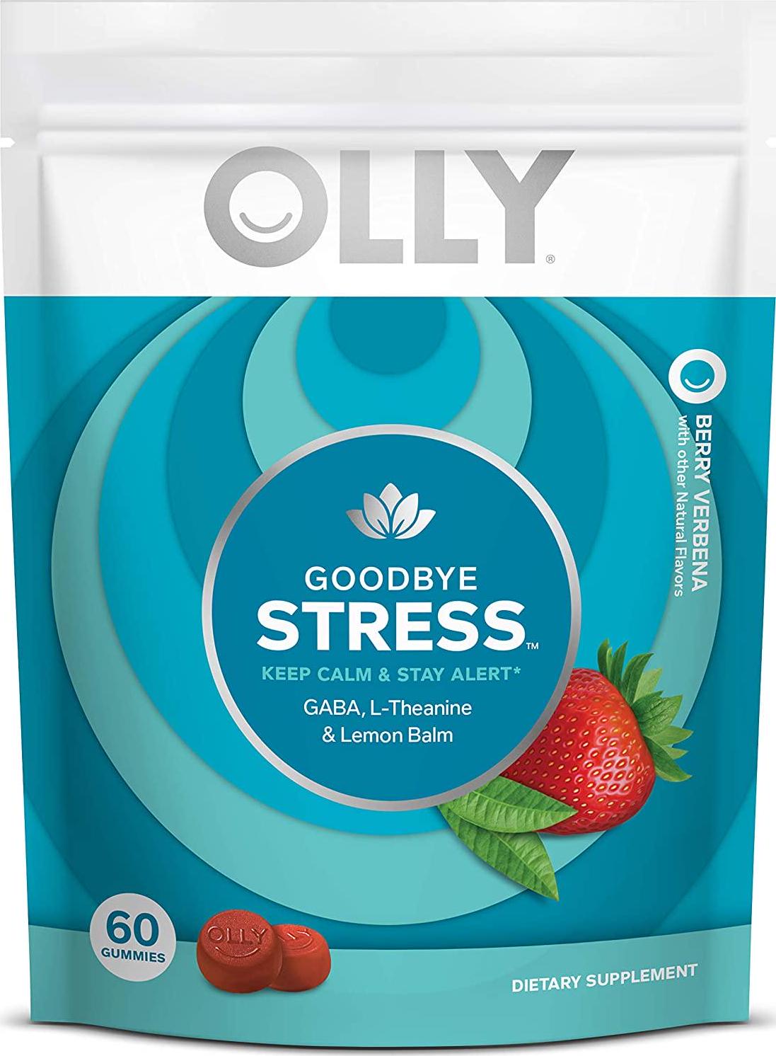 OLLY Goodbye Stress Gummy, 30 Day Supply (60 Gummies), Berry Verbena, GABA, L Theanine, Lemon Balm, Chewable Supplement