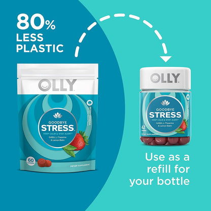 OLLY Goodbye Stress Gummy, 30 Day Supply (60 Gummies), Berry Verbena, GABA, L Theanine, Lemon Balm, Chewable Supplement