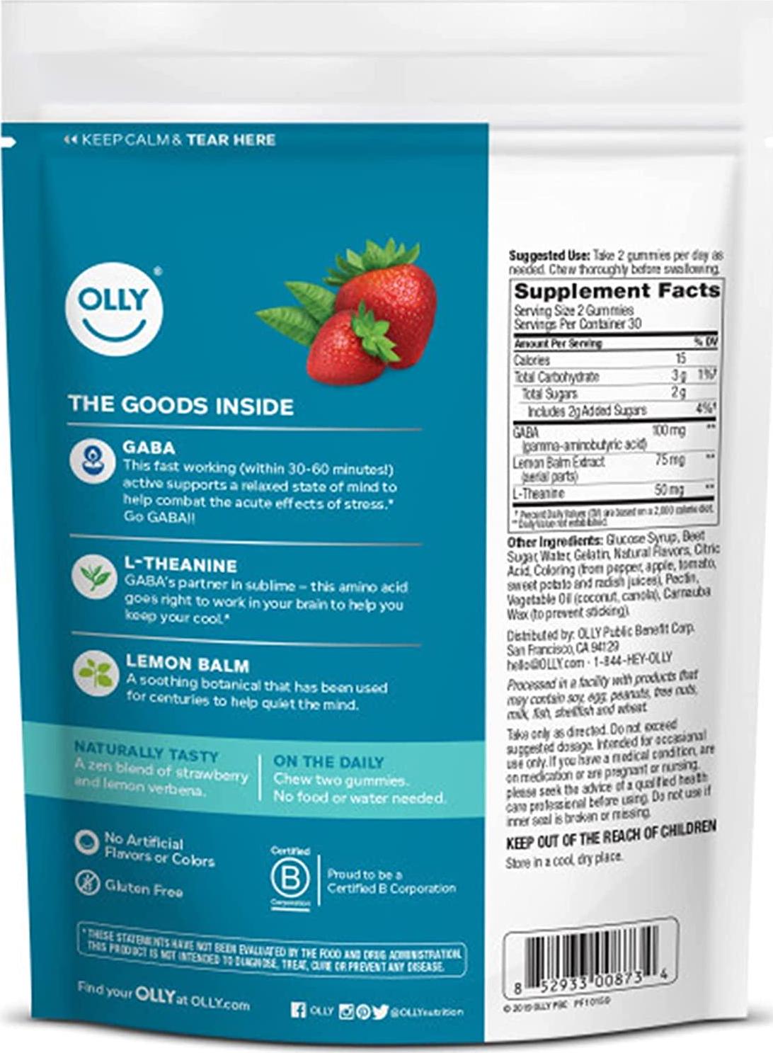 OLLY Goodbye Stress Gummy, 30 Day Supply (60 Gummies), Berry Verbena, GABA, L Theanine, Lemon Balm, Chewable Supplement