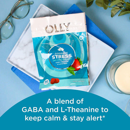 OLLY Goodbye Stress Gummy, 30 Day Supply (60 Gummies), Berry Verbena, GABA, L Theanine, Lemon Balm, Chewable Supplement