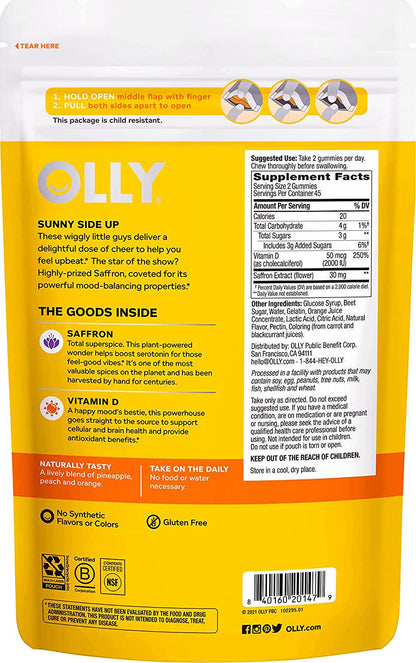 OLLY Hello Happy Gummy Worms, Vitamin D, Saffron, Mood Balance Support, Adult Chewable Supplement, Tropical Zing - 90 Count