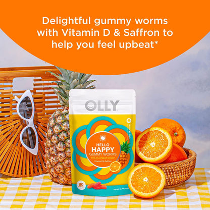 OLLY Hello Happy Gummy Worms, Vitamin D, Saffron, Mood Balance Support, Adult Chewable Supplement, Tropical Zing - 90 Count