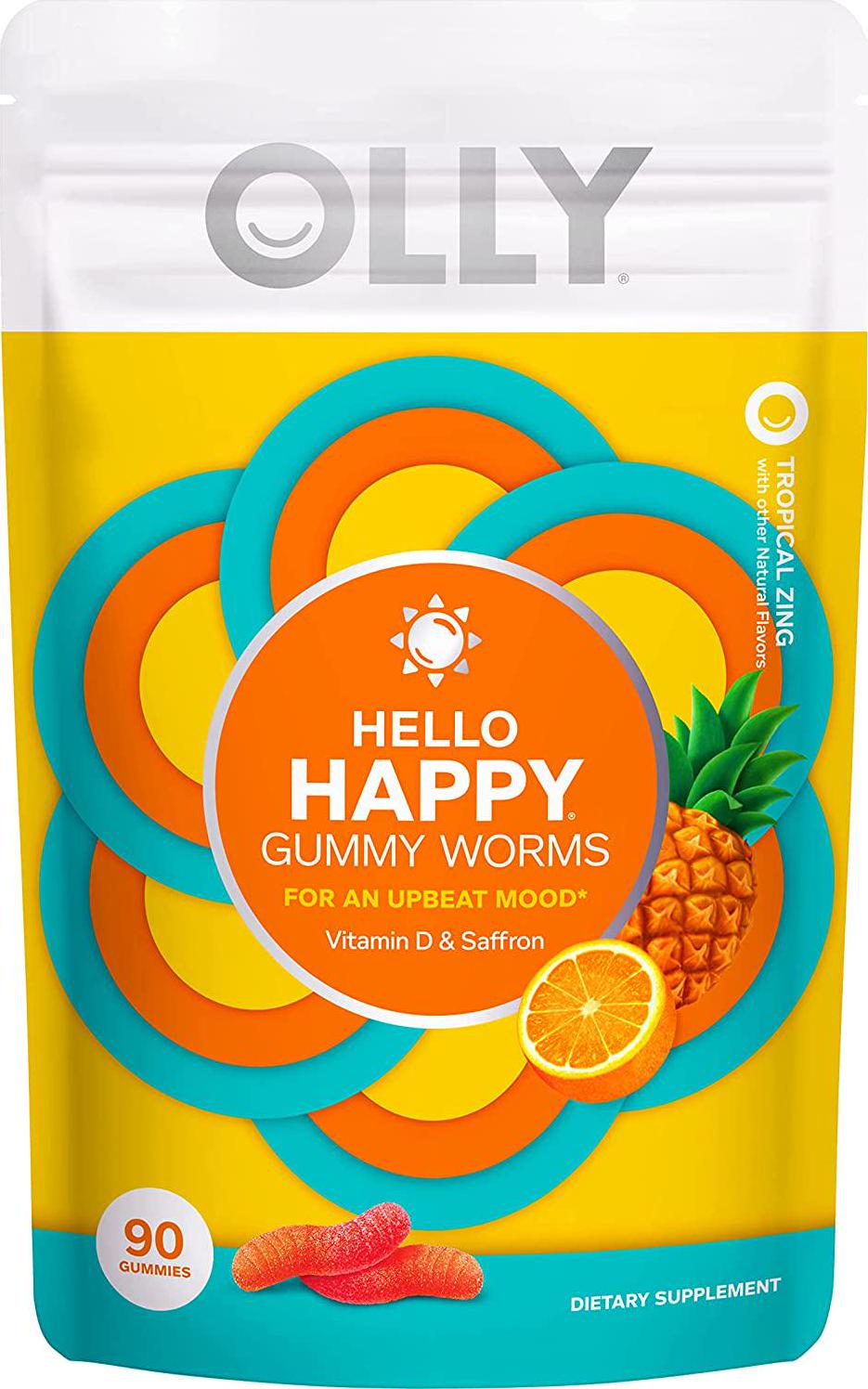 OLLY Hello Happy Gummy Worms, Vitamin D, Saffron, Mood Balance Support, Adult Chewable Supplement, Tropical Zing - 90 Count