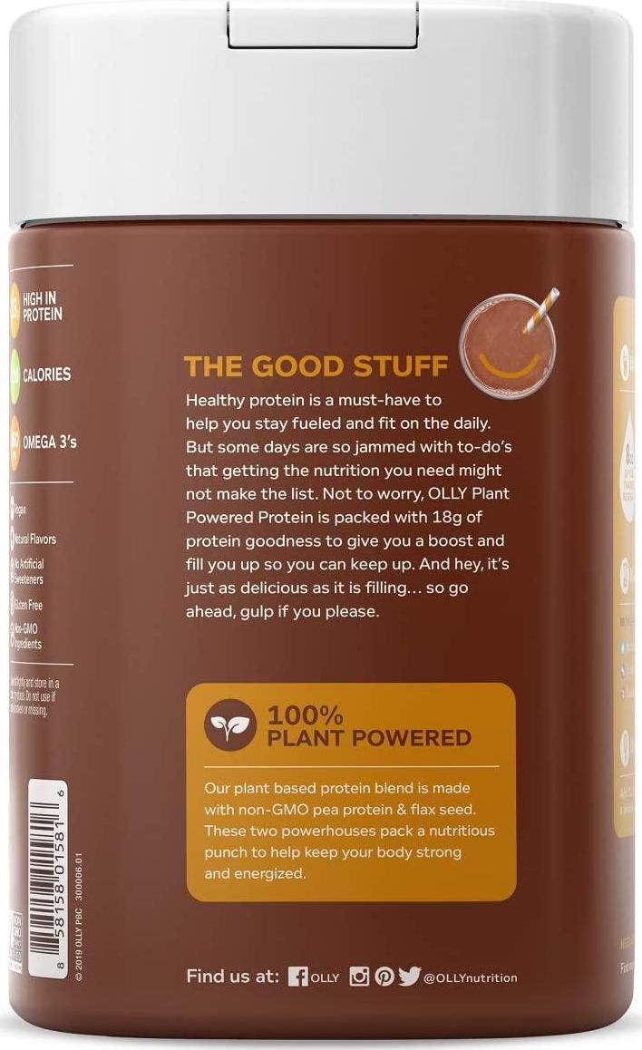 OLLY Plant Powered Protein, 18g Plant Protein, Protein Powder, Vegan, Gluten Free, Non GMO, Chocolate, 12 Day Supply - 14.8 Ounces