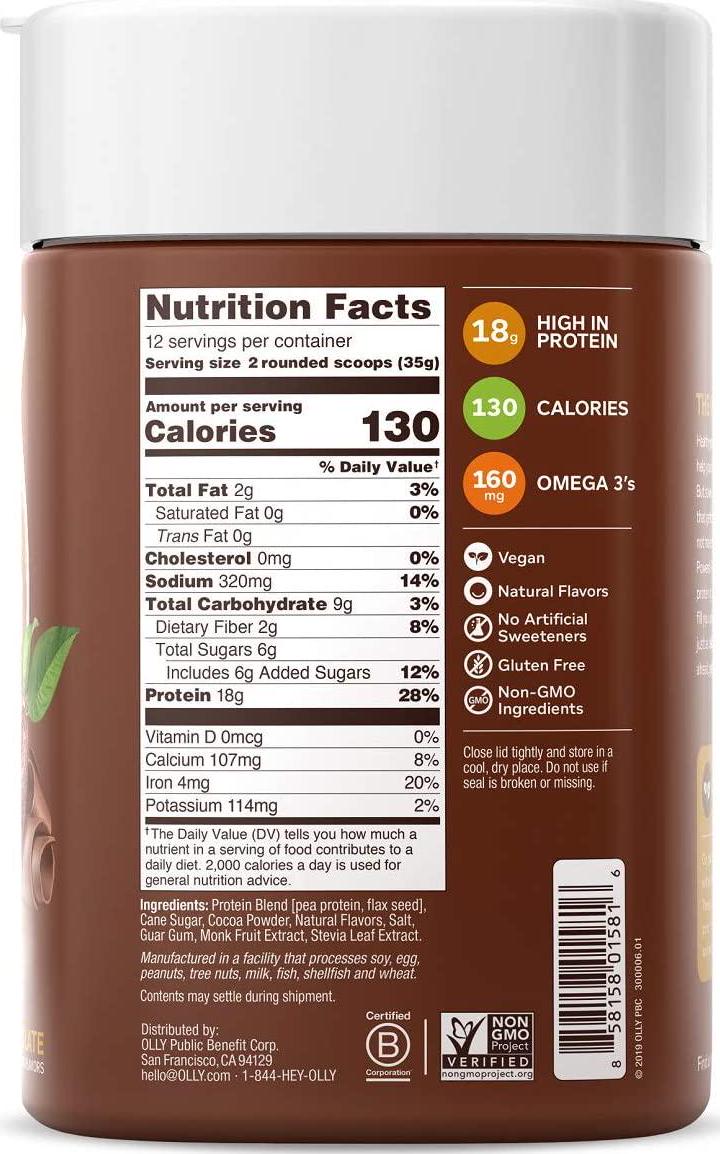 OLLY Plant Powered Protein, 18g Plant Protein, Protein Powder, Vegan, Gluten Free, Non GMO, Chocolate, 12 Day Supply - 14.8 Ounces