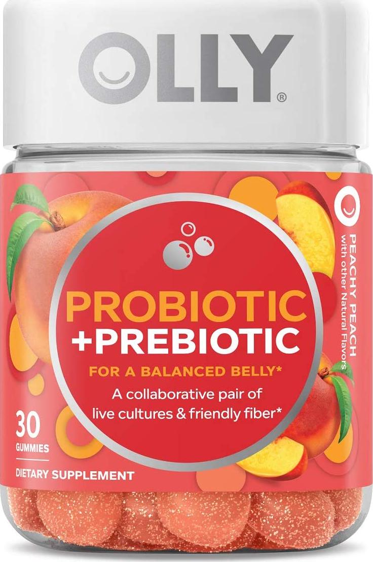 OLLY Probiotic + Prebiotic Gummy, 30 Day Supply (30 Gummies), Peachy Peach, Probiotics, Live Cultures, Prebiotic Fiber, Chewable Supplement