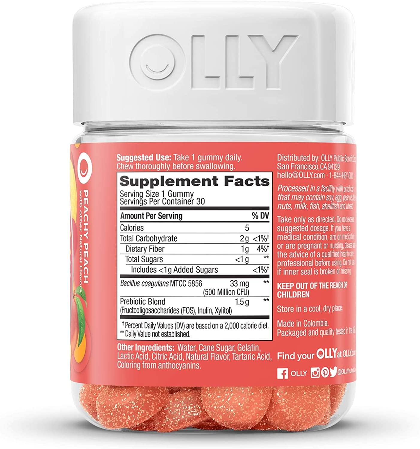 OLLY Probiotic + Prebiotic Gummy, 30 Day Supply (30 Gummies), Peachy Peach, Probiotics, Live Cultures, Prebiotic Fiber, Chewable Supplement