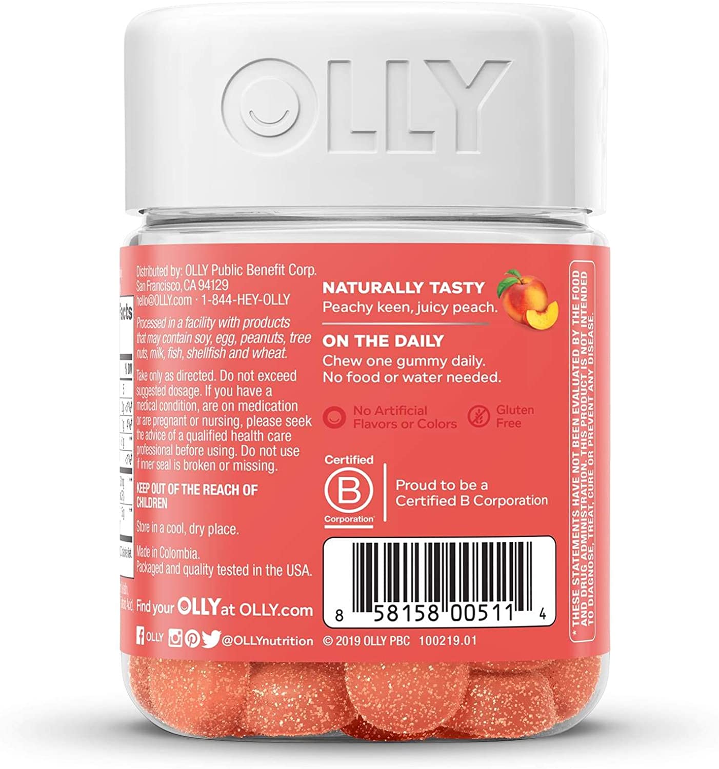 OLLY Probiotic + Prebiotic Gummy, 30 Day Supply (30 Gummies), Peachy Peach, Probiotics, Live Cultures, Prebiotic Fiber, Chewable Supplement