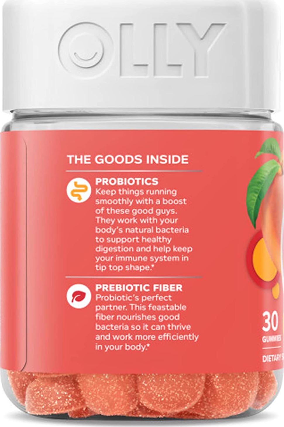 OLLY Probiotic + Prebiotic Gummy, 30 Day Supply (30 Gummies), Peachy Peach, Probiotics, Live Cultures, Prebiotic Fiber, Chewable Supplement