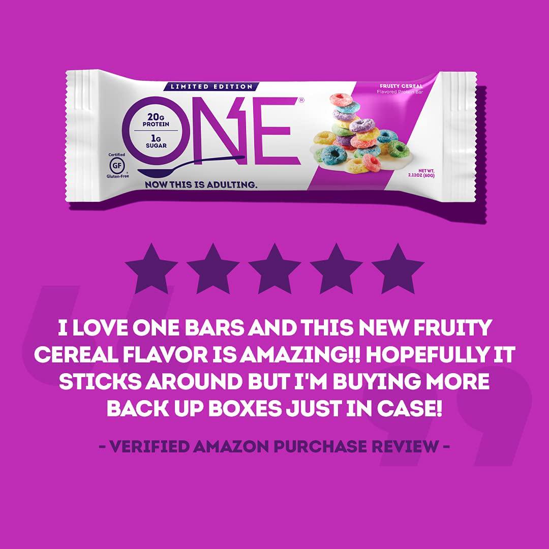 ONE 1 Protein Bars GlutenFree Protein Bar with 20g Protein and only 1g Sugar Snacking for High Protein Diets 2.12 Ounce Pack, Fruity Cereal, 12 Count