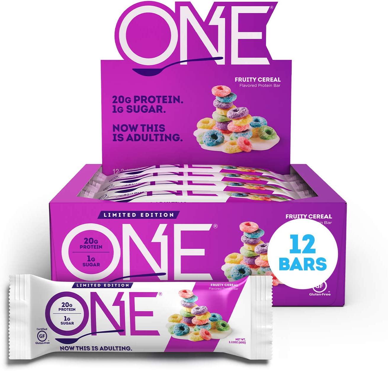 ONE 1 Protein Bars GlutenFree Protein Bar with 20g Protein and only 1g Sugar Snacking for High Protein Diets 2.12 Ounce Pack, Fruity Cereal, 12 Count